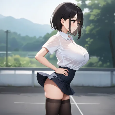 (elementary school), landscape, bra_visible_through_clothes, BREAK, sideview, solo, (1 little elementary school student standing), skinny girl, (bouncing large breasts), arched back, swaying back, arms behind back, BREAK, (bursting large breasts:1.1), too ...