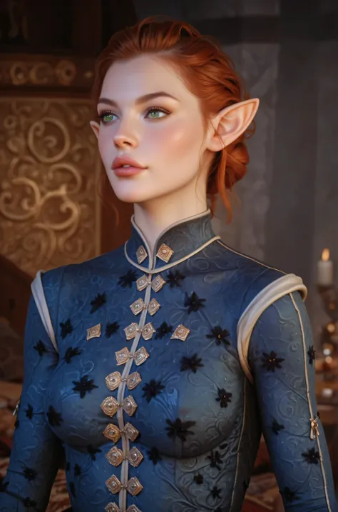 dragon age inquisition, elven character, elf woman, she has elf ears, green eyes, female character, Perfect round medium breasts, short red lesbian hair, juicy lips, sexy body, slim waist, thin, skinny, silk clothes, ornate embroidery
