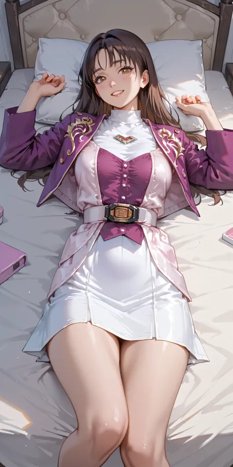 (High definition CG), (top quality),dark room,Lying on the Bed((1 woman in the body)),perfect face, wide hips, thin waist, ,purple bolero jacket,(((white skirt))),long sleeve, Pink Belt, straight and long hair , brown hair, Smile Yan,