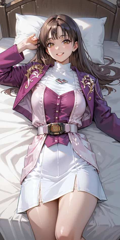 (High definition CG), (top quality),dark room,Lying on the Bed((1 woman in the body)),perfect face, wide hips, thin waist, ,purple bolero jacket,(((white skirt))),long sleeve, Pink Belt, straight and long hair , brown hair, Smile Yan,