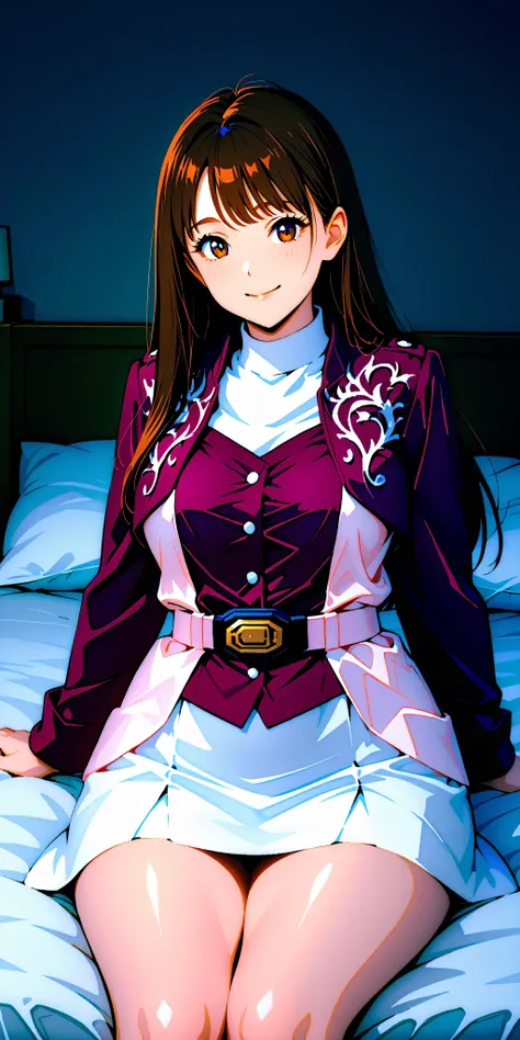 (High definition CG), (top quality),on the bed,in a dark room,((1 woman in the body)),perfect face, wide hips, thin waist, ,purple bolero jacket,(((white skirt))),long sleeve, Pink Belt, straight and long hair , brown hair, Smile Yan