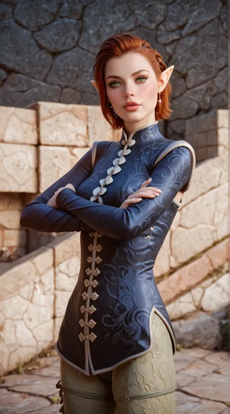 dragon age inquisition, elven character, elf woman, she has elf ears, green eyes, female character, Perfect round medium breasts, short red lesbian hair, juicy lips, sexy body, slim waist, thin, skinny, silk clothes, ornate embroidery