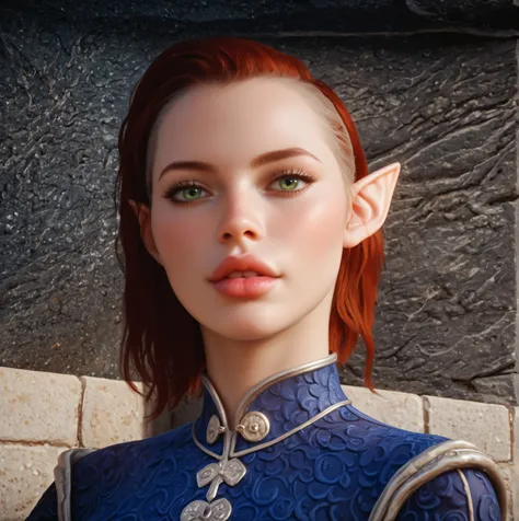 dragon age inquisition, elven character, elf woman, she has elf ears, green eyes, female character, Perfect round medium breasts, short red lesbian hair, juicy lips, sexy body, slim waist, thin, skinny, silk clothes, ornate embroidery
