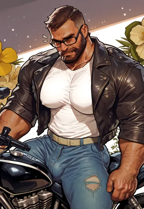 Masterpiece, best quality, male, huge ass, huge beefy muscular, gay men, handsome face, thick body, huge chest, big chest, shiny, daddy, mature , cartoon anime, perfect eyes, mature man, bara, perfect body, perfect anatomy, , perfect cock, , masculine, bea...