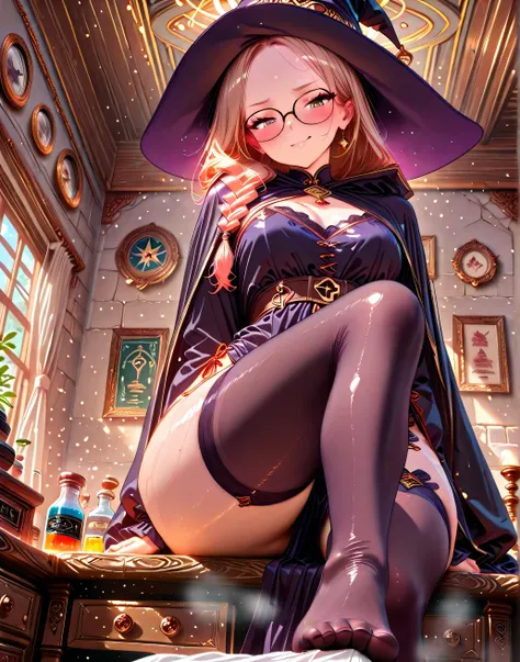 (a female witch,sit on the desk,in old magic laboratory),(brack stockings,without shoes),(forehead),wearing glasses,open legs,(embarrassed,in heat),naughty face,(soft footjob),accurate body proportions and realistic details,((Highest quality, 128K, masterp...