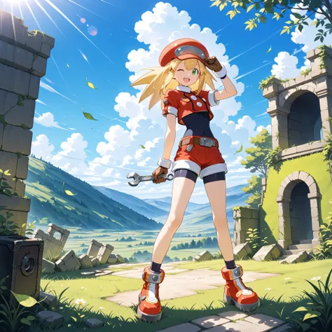 1girl, character:roll caskett (mega man), small breasts, ;d, full body, three quarter view, standing, adjusting headwear, holding wrench, turning wrench, motion lines, speed lines, outdoors, on grass, landscape, wind, leaf, sunlight, lens flare, blue sky, ...