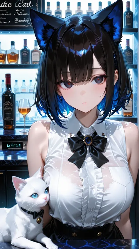 　inner color blue　　Cat ears　Cat earsバー　Alcohol　bar counter　Cat ears店長　dark haired　black bow tie　beautiful body　Adult Woman　A cute animal, a white cat, stares at her from the camera　sleeveless shirt