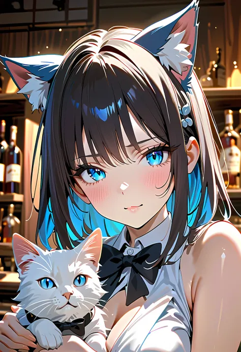 inner color blue Cat ears Cat earsバー Alcohol bar counter Cat ears店長 dark haired black bow tie beautiful body Adult Woman A cute animal, a white cat, stares at her from the camera sleeveless shirt
