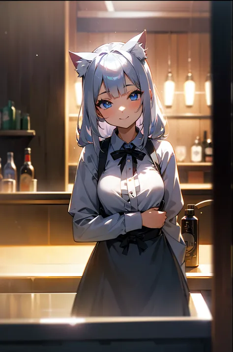 one woman、 Silver Hair、Sparkling blue eyes、Cat ears、Smile Yan、bar counter with title in center、standing in front of the counter、cowboy shot、(Captured with an 80mm portrait lens, F1.8, ISO100), RAW photo, cinematic lighting:1.3