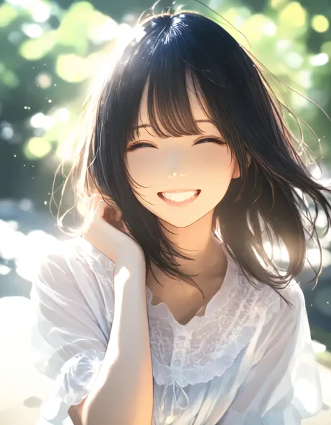 1girl, year 2019, upper body, summer, blouse, happy, masterpiece, high score, great score, absurdres, 16k, Ultra detailed, (photorealistic : 0.5)