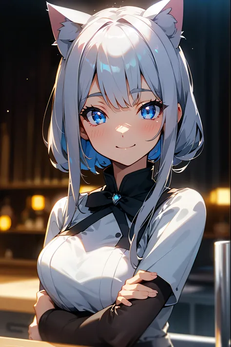 one woman、 Silver Hair、Sparkling blue eyes、Cat ears、Smile Yan、bar counter with title in center、standing in front of the counter、upper body close-up、(Captured with an 80mm portrait lens, F1.8, ISO100), RAW photo, cinematic lighting:1.3