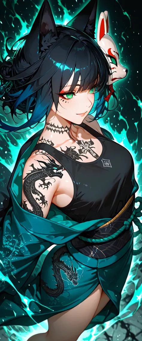 From over haed, side angle, 1girl, black tattoo, dragon tattoo, fox mask, green eye, blue hair, tank top, Medium chest, kimono, off the shoulder, Whole body , standing powerful angle, subject focus, particles of aura, dynamic pose, action motion, Smooth bl...