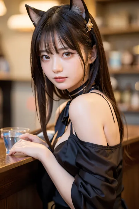 masterpiece, top quality, illustrations, ultra detail, detailed depiction, high resolution, 8K Wallpaper, perfect dynamic composition, beautiful detailed eyes、（bartender:1.5）、 cocktails、bow tie、are crying、tears, very long hair、Half Up Hairstyles、Blonde、bro...