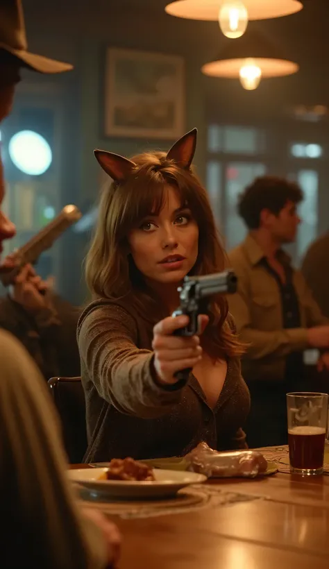 highdefinition images,A scene from the movie,Western Bar Scene,Cat-Eared Cowgirl Holding a Gun at the Table、People Are Surprised