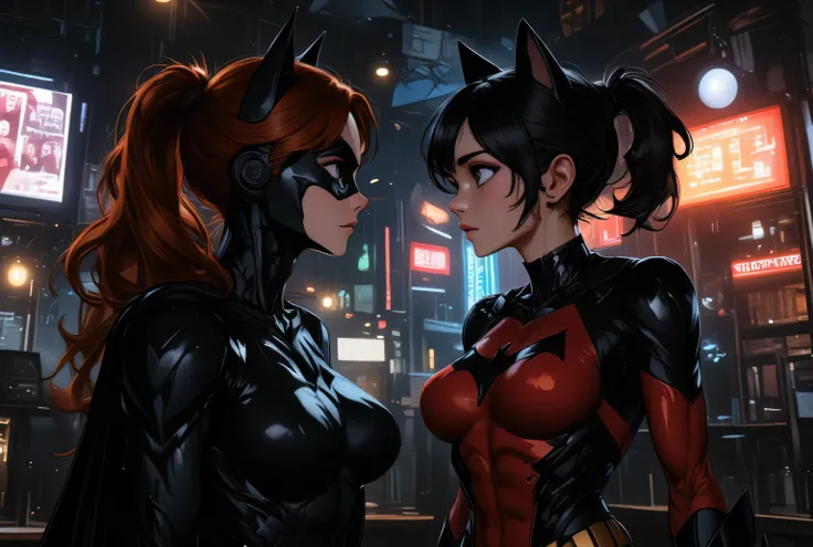 Two strangers: Batgirl and Catgirl, meet in a bar and are baffled by each other, (Batgirl: Barbara Gordon, pretty face, redhead, hairbun, mask, black formfitting costume, cat ears), (Catgirl: pretty young sidekick of Catwoman, short stylish black hair, mas...