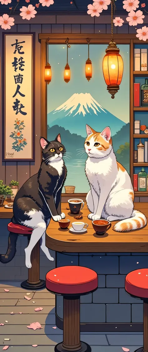 highdefinition images,What is a bar in Cat World、owned by a brown striped cat and、white and black cats often sit together at the counter、a bar with a nice atmosphere