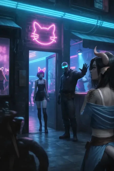 The view is slightly projected from the side. A stern bodyguard wearing neon glowing glasses stands at the entrance to the bar and shows his hand to stop, not letting Kedra pass the girl with fins on her head. At that moment, a girl in a leather outfit wit...
