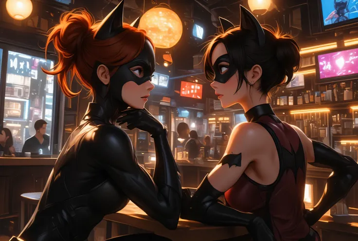 Two strangers: Batgirl and Catgirl, meet in a cat-themed bar and are baffled by each other, (Batgirl: Barbara Gordon, pretty face, redhead, hairbun, mask, matte black soft silk formfitting costume, cat ears), (Catgirl: pretty young sidekick of Catwoman, sh...