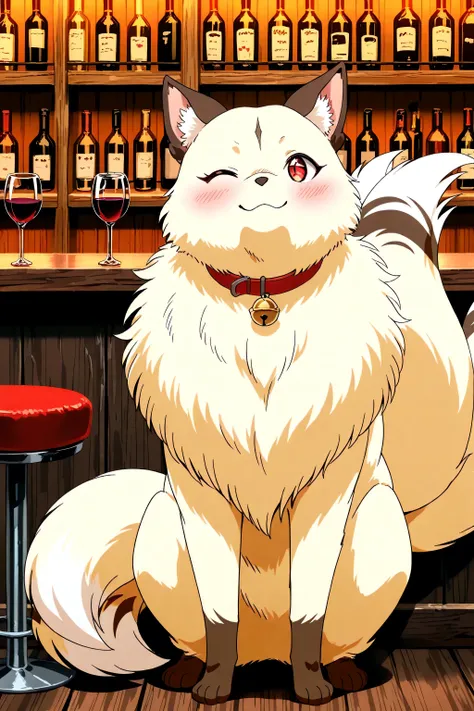 The  fluffy fur feral four legs non humanlike,no human transform kirara wearing bell collar and with many tails and drinking wine at the bar with wink eye,,full body