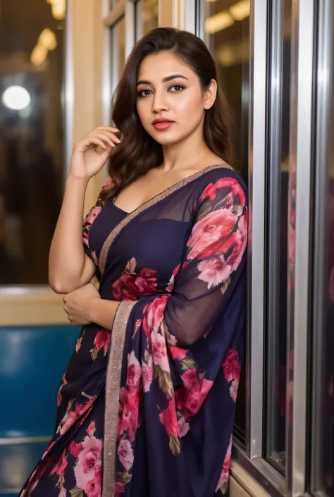 T4mm,long face,(fleshy milf),Masterpiece,full body close up of a average size woman in a sexy saree in a metro train , very seductive pose, close body shot, stylish pose, sexy girl, beautiful pose, sexy pose, very sexy pose, gorgeous lady, chest up bust sh...
