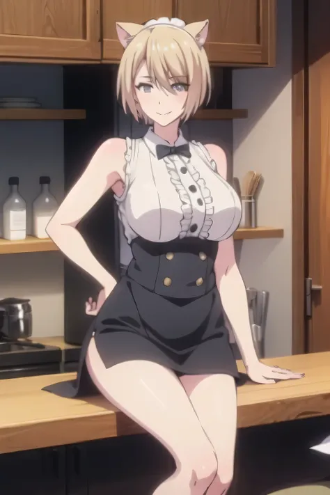  can you draw a woman in a waitress costume with cat ears，sleeveless blouse，The chest is hidden by the costume，black formal suit costume,，Wear a costume ，tight skirt，beautiful legs, Bar counter in a quiet space,,  blond short-haired woman   ，big boobs，big ...