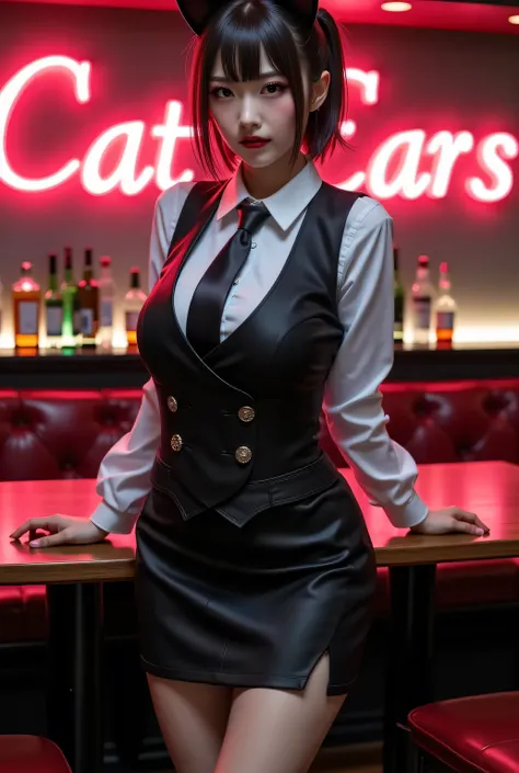 Stiff waitress uniform, wear a vest over a shirt, tie, tight-fitting pencil skirt, thighs wearing pantyhose, cat ears hair accessory.
Dimly lit high-end bar late at night, bottles lined up on wall.
Nneon sign that reads "Cat ears BAR".
It is a bar with a ...