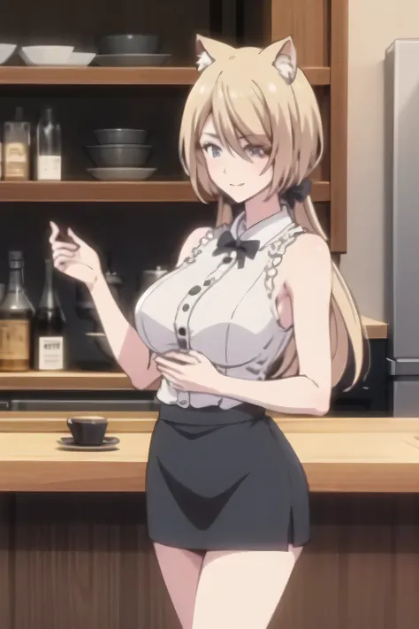  can you draw a woman in a waitress costume with cat ears，sleeveless blouse，her chest is hidden by a costume，black formal suit costume,，costume ，tight skirt，beautiful legs, Bar counter in a quiet space,,  blonde shorthair woman   ，big breasts，big breastsでも...