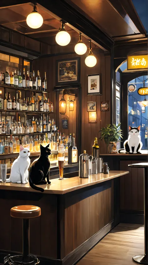 highdefinition images,The cat's bar、The brown striped cat is the owner、and the white cat and black cat sit well together at the counter、A bar with a good atmosphere