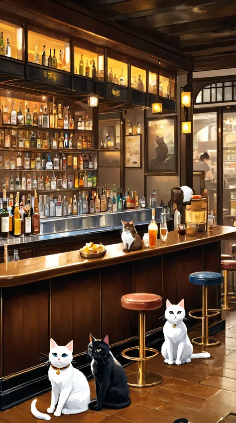 highdefinition images,The cat's bar、The brown striped cat is the owner、and the white cat and black cat sit well together at the counter、A bar with a good atmosphere