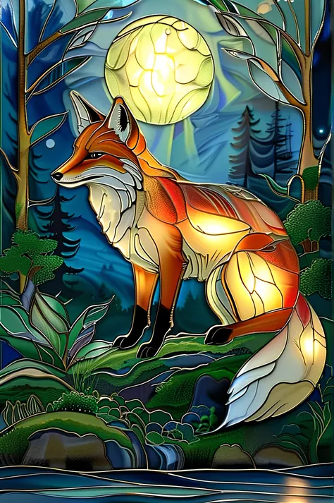 A mystical fox with a translucent, glass-like body and glowing neon lines, sitting on a moss-covered stone in a moonlit forest, surrounded by floating lights and fog, magical ambience, cinematic lighting, ultra-detailed,
Smooth