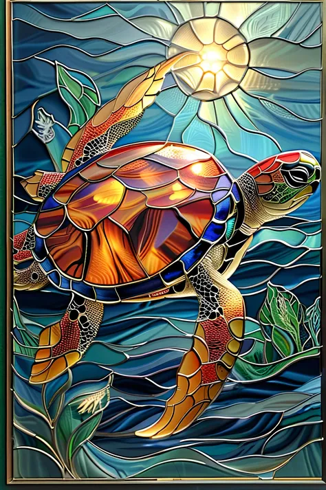 A glowing glass turtle swimming in a crystal-clear underwater cave, illuminated by neon coral and bioluminescent algae, reflections on its transparent shell, highly detailed, fantasy underwater scenery,Smooth