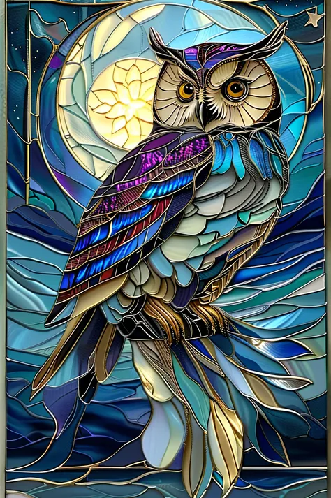 A translucent glass owl with glowing blue and purple patterns, flying through a starry night sky, wings shimmering with neon light, magical starscape in the background, ultra-realistic, cinematic and fantasy lighting,Smooth