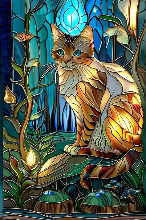 A translucent glass cat with glowing neon stripes, sitting gracefully on a glowing tree stump in a magical forest, surrounded by floating lights and glowing mushrooms, ultra-detailed, cinematic lighting, bioluminescent fantasy atmosphere,Smooth