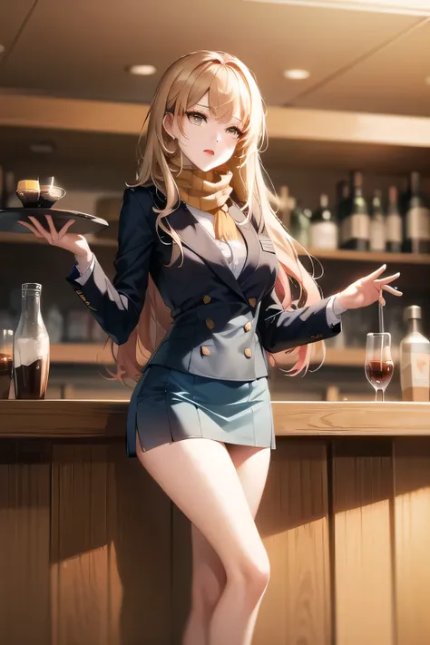 Long blond wavy hair at the seaside in golden hour、 accurate depiction of hands and feet 、can you draw a formal waitress uniform、 ，（Let's draw a more delicate expression），（yellow scarf），（       Navy blue blazer  ， Dark Blue Micro Mini Skirt ），（the bottom o...