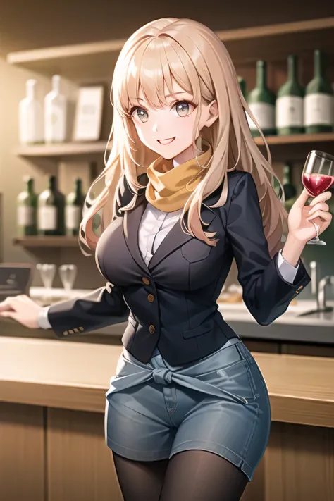 A woman with a lovely smile，can you draw long blond wavy hair、 accurate depiction of hands and feet 、can you draw formal waitress outfits on the beach during golden hour、 ，（Let's draw a more delicate expression），（yellow scarf），（        Navy blue blazer   ，...