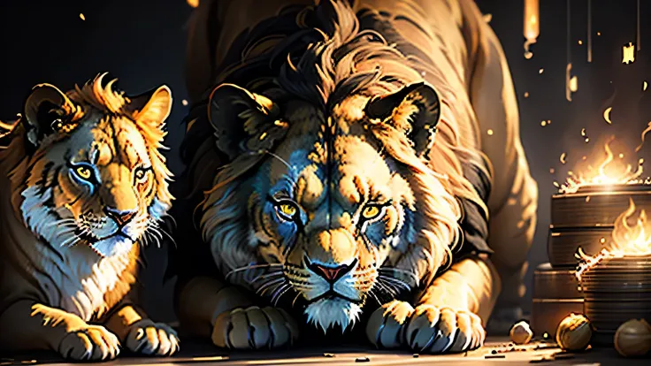 Colorful lion painting on a black background,, Breathtaking Rendering, In a shining connection, Inspired by Kinuko Y. Crafting,, Magical Elements, Kitten Icon, oh, Is beautiful, Cast a variety of spells, bright flash, flash  