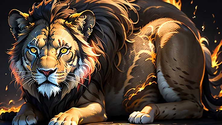 Colorful lion painting on a black background,, Breathtaking Rendering, In a shining connection, Inspired by Kinuko Y. Crafting,, Magical Elements, Kitten Icon, oh, Is beautiful, Cast a variety of spells, bright flash, flash  