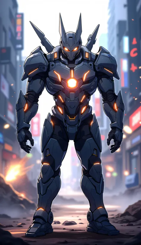 Ultra-detailed futuristic bulky full body mecha armor worn by a tall warrior, a perfect fusion of sleek cyberpunk aesthetics and futuristic design — titanium-blue and gold plating with glowing energy veins, mechanical wings folded on the back, helmet with ...