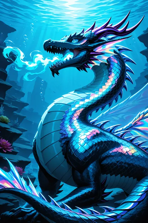 intricate underwater world with intricate detail, solo, 1dragon, blue slit eyes, (dragon scales iridescent:1.3), (magical prismatic dragons breath:1.4), airbrush multilayered art, beautiful, high contrast, 16k, very intricate detailed painting, detail to d...