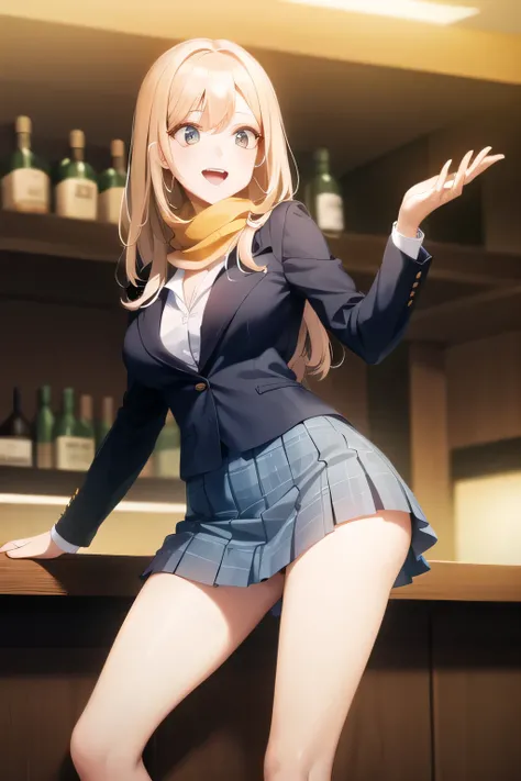 A woman with a lovely smile，can you draw long blond wavy hair、Woman singing karaoke ， Can you draw a woman sitting on a chair，accurate depiction of hands and feet ,women in pleated mini skirts，Can you draw formal waitress attire、 ，（Let's draw a more delica...