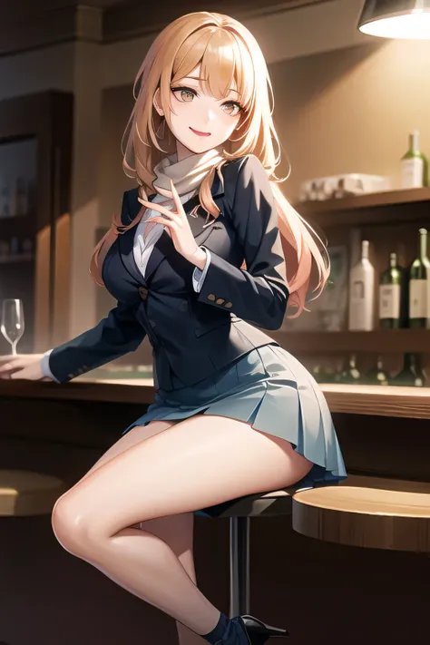 A woman with a lovely smile，can you draw long blond wavy hair、 can you draw a woman sitting on a chair，accurate depiction of hands and feet ,women in pleated mini skirts，Can you draw formal waitress clothes、 ，（Let's draw a more delicate expression），（yellow...