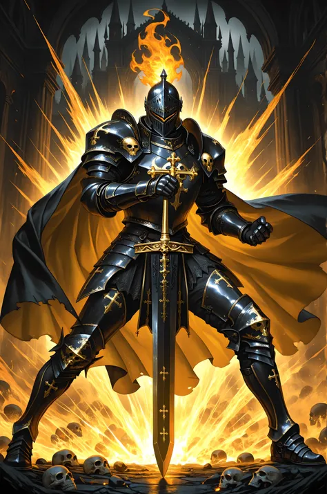 1boy, solo, knight, male_focus, dark fantasy, gothic theme,
heavily armored, intricate armor design, dark gray and black armor, gold accents, adorned with skulls and crosses, helmet with visor, shoulder armor, gauntlets, pauldrons, breastplate, cape,
holdi...