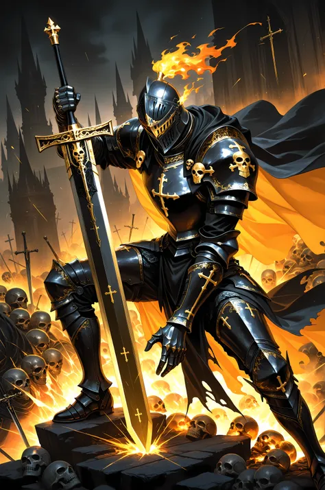 1boy, solo, knight, male_focus, dark fantasy, gothic theme,
heavily armored, intricate armor design, dark gray and black armor, gold accents, adorned with skulls and crosses, helmet with visor, shoulder armor, gauntlets, pauldrons, breastplate, cape,
holdi...