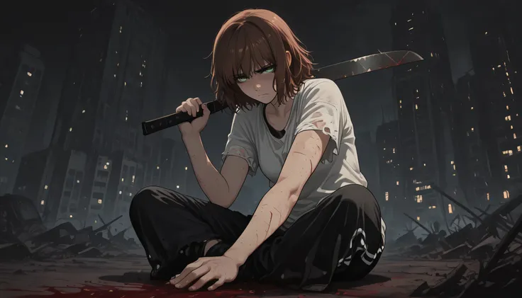 ((High Quality)) ((Alone)) ((Super Detailed)) ((Darkness)) ((Shading)) ((Masterpiece)) A beautiful girl, with short brown hair, green eyes, freckles, thin nose, dressed in a torn and dirty white t-shirt, long black jogging pants, dirty and torn clothes, wi...
