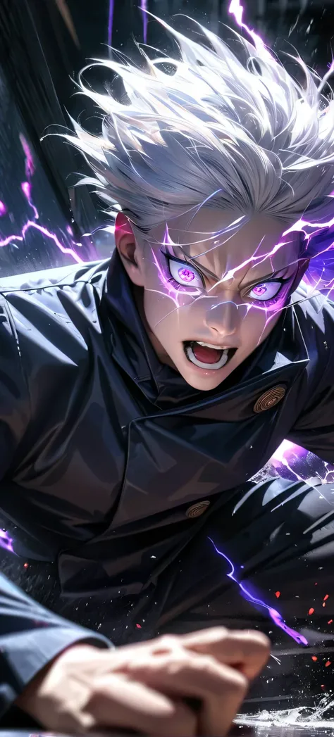 High quality, ultra realistic,absurdres, highres, ultra detailed, HDR, masterpiece, extremely detailed face and eyes, Gojo satoru , jujutsu kaisen,, white hair ,black shirt , solo, ,man, handsome, ,white eyeleshes , Epic fight scene, purple splashing eff...