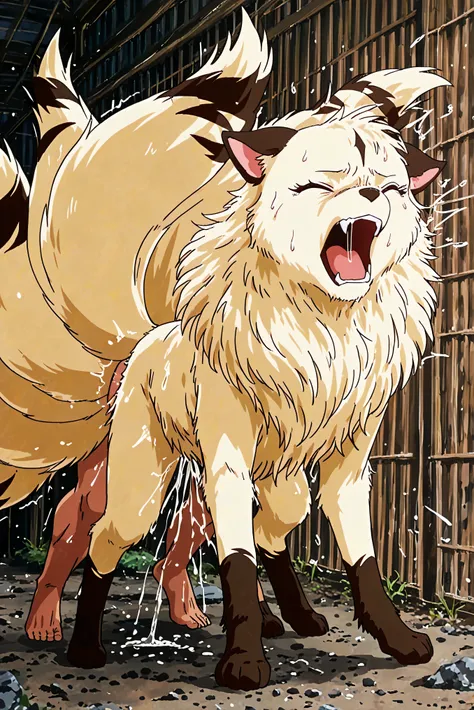 The  fluffy fur feral four legs non humanlike,no human transform kirara with many tails having sex open mouth by the man,pain,closed eye,full body,  