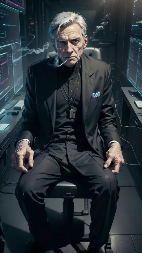 ((top quality, ultra-detailed, high resolution, extremely detailed CG, unity 8k wallpaper, by famous artist, perfect anatomy, super detailed skin, cinematic lighting, UHD, retina, anatomically correct, 1080P)), ((old man:1.7)), ((Sitting in a conference ch...