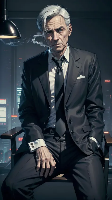 ((top quality, ultra-detailed, high resolution, extremely detailed CG, unity 8k wallpaper, by famous artist, perfect anatomy, super detailed skin, cinematic lighting, UHD, retina, anatomically correct, 1080P)), ((old man:1.7)), ((Sitting in a conference ch...