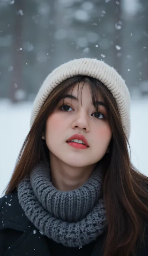 a woman wearing a hat and scarf in the snow, a portrait, by Antoni Brodowski, shutterstock, digital art, cute young girl, in a storm, looking upwards, bokeh top cinematic lighting