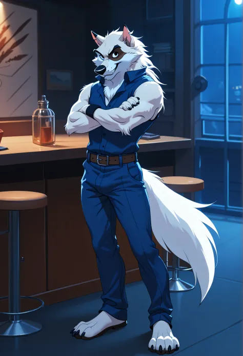 Kaltag pny, alaskan malamute, solo, detailed, detailed face, detailed eyes, anthro body, male, adult, very muscular:1.1, cartoon shading, cel shaded:1.0, flat colors, shirtless, wfa style, negger style, cartoony anatomy, above waist, looking at viewer, arm...